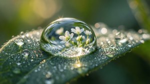 葉上的露珠，在柔和晨光中放大了細小白花。