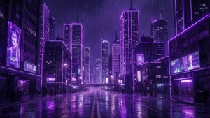 紫色霓虹燈光映照在濕漉漉的路面上，一座未來主義的雨夜城市。