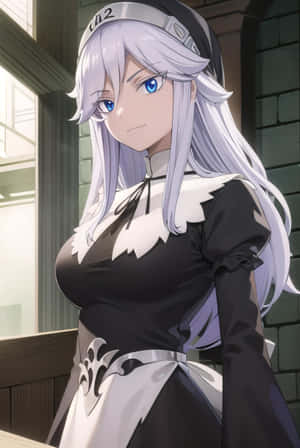 銀髮藍眼嘅動漫女僕，身穿黑白制服，企喺窗邊。 — Huawei MatePad 11.5 (2025) 壁紙