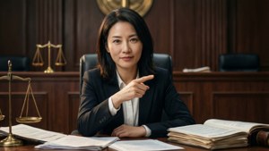一位女法官在法庭上指向觀眾，旁邊有法律書籍和天平。