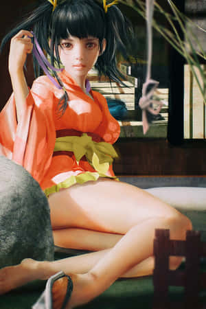 穿著橙色和服的動漫女孩在室內赤腳坐著，有竹簾和陽光。 — 小米Mix 壁紙