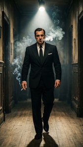 一位穿著黑色西裝的男子在單一聚光燈下，走在煙霧瀰漫的走廊上。