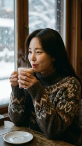 女性在舒適的木質咖啡館裡，在飄雪的窗邊喝咖啡