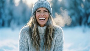 女人在白雪皚皚的冬季森林中戴著針織帽和毛衣大笑