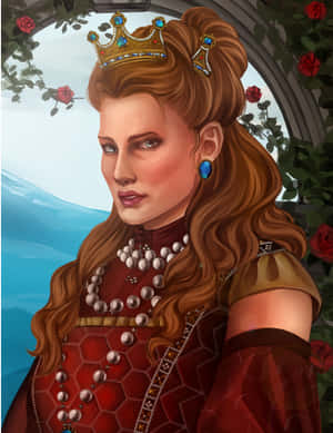 一位戴著王冠的皇后，身穿紅色長袍，被玫瑰和海景環繞。 — iPad 第9代 壁紙