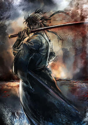 武士戰士肩上扛劍，站在暴風雨的水中，火紅的天空下。 — 武士 壁紙