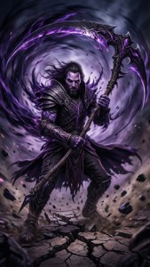 一位手持紫色鐮刀的黑暗奇幻戰士站在裂開的地面上。