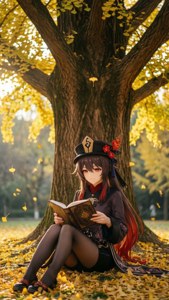 動漫女孩在秋天的金色銀杏樹下看書。