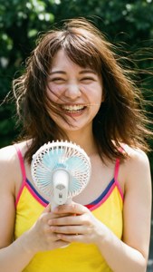 年輕女子在戶外手持手持扇大笑