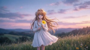 動漫女孩穿著白色連衣裙，在夕陽下的草地上拿著一朵黃花。