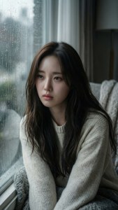 年輕女子穿針織毛衣坐在雨窗邊若有所思