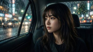 車內女子透過濺滿雨水的車窗，望向夜晚的城市燈光。