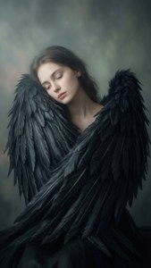 一位擁有黑色天使翅膀的女性，閉著眼睛平靜地休息。