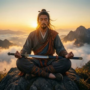 戰士在山頂手持劍在日出時冥想。