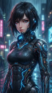 賽博龐克女性身穿發光裝甲站在雨中的霓虹城市