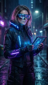 身穿發光裝備的賽博龐克女性，在雨中的霓虹城市裡拿著全息平板電腦。
