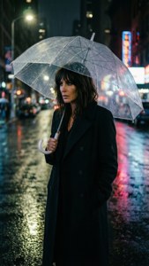 女性撐傘在夜晚霓虹燈下的雨城市中行走。