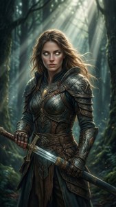 一位身穿精緻盔甲的女戰士在陽光照耀的魔法森林中持劍。