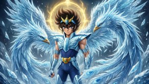 身穿藍色盔甲的動漫戰士，兩隻白鳳凰和金色光環