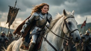 身穿銀色盔甲的女騎士騎著白馬，在風雨交加的天空下與士兵們一同在戰場上。