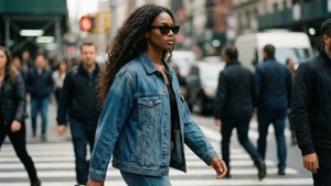 一位穿著牛仔外套和太陽眼鏡的女性正在橫過繁忙的城市街道。