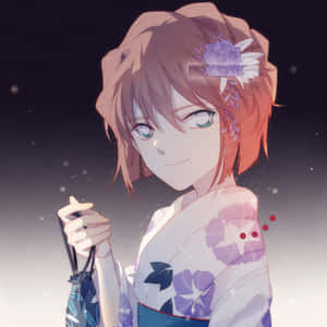 動漫女孩穿著花卉和服，在星光燦爛的夜空下微笑著拿著一個袋子。 — iPad 第9代 壁紙