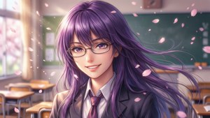 紫色頭髮戴著眼鏡的動漫女孩在教室裡，櫻花花瓣飄落。
