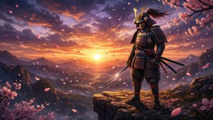 夕陽下，武士戰士站在懸崖邊，櫻花在他周圍飄落。