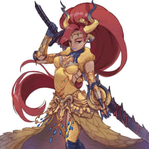 身穿金色鎧甲的女惡魔戰士，手持劍和盾牌 — iPad Air 13 壁紙