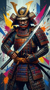 身著精細盔甲的武士戰士，在色彩繽紛的抽象背景中手持武士刀。
