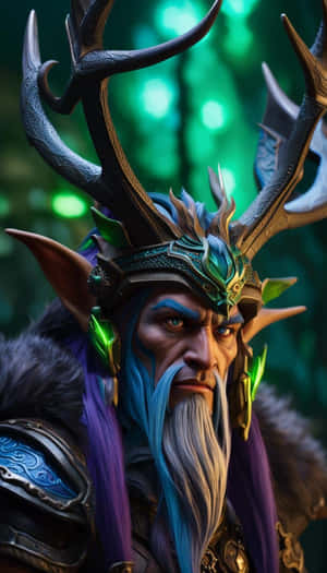 精靈戰士，發光鹿角與藍色鬍鬚，在魔法森林中。 — 跩哥·馬份 壁紙