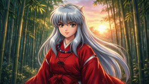 銀髮貓耳動漫女孩穿著紅色和服站在夕陽下的竹林裡。