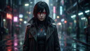 一位擁有發光紅眼的賽博龐克女性，夜晚站在被雨水浸濕、霓虹燈閃爍的城市街道上。