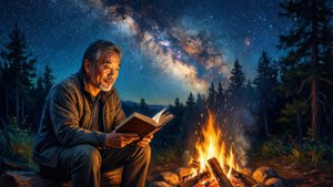 森林中星空下營火旁看書的男子