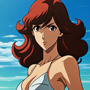動漫女性，紅髮棕眼，穿著白色比基尼上衣，背景是藍天。 — 可愛動漫女仔 壁紙