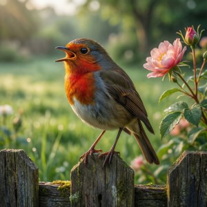 知更鳥在花園裡粉紅玫瑰附近的木籬笆上歌唱。 — Pixel Watch 5 壁紙