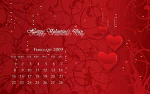 2009年2月情人節日曆，帶有紅色心形和花卉漩渦。