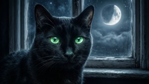 黑貓眼睛發出綠色光芒，望向窗外的新月和星星。