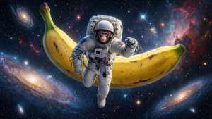 黑猩猩太空人漂浮在巨大香蕉旁邊，身處繁星點點的星系中。
