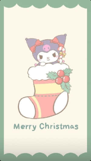聖誕襪中的紫色貓咪角色，配有冬青和拐杖糖 — Kawaii 聖誕 GIF 壁紙
