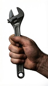 手在白色背景上握著金屬可調扳手