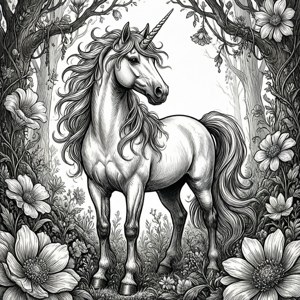 一隻獨角獸站在花卉森林中的詳細黑白插圖。
