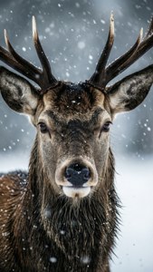 一隻被雪覆蓋的雄鹿在雪地森林中直視鏡頭的特寫。