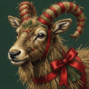 一隻用紅絲帶和松枝裝飾的稻草山羊，適合節日。