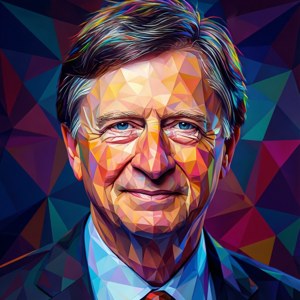 一個色彩繽紛的幾何肖像，描繪一位身穿西裝的微笑男子。