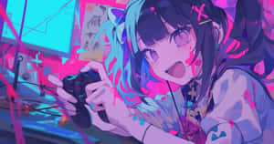藍髮動漫女孩在霓虹房間裡玩電子遊戲，帶有油漆飛濺。 — 可愛動漫女仔 壁紙