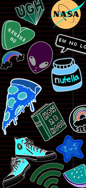 貼紙拼貼，包含外星人、薄餅、Nutella 和 NASA，以黑色網格背景為襯。 — Pixel 10 Pro XL 壁紙
