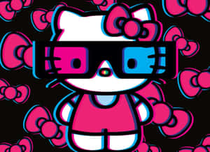 戴著3D眼鏡、眼睛發光的Hello Kitty，被粉紅色蝴蝶結包圍。 — 可愛貓咪 壁紙