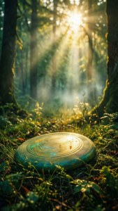 森林地面上的飛盤，陽光穿過樹木照射