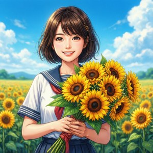 穿著水手服的動畫女孩在陽光明媚的田野裡拿著向日葵。 — Pixel Watch 壁紙